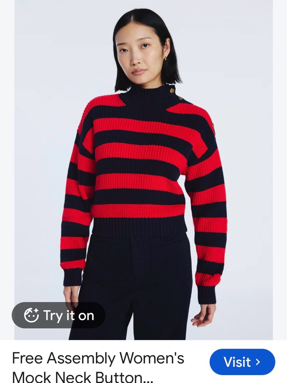 Free Assembly Women's Mock Neck Button Sweater, featuring red and navy, size M